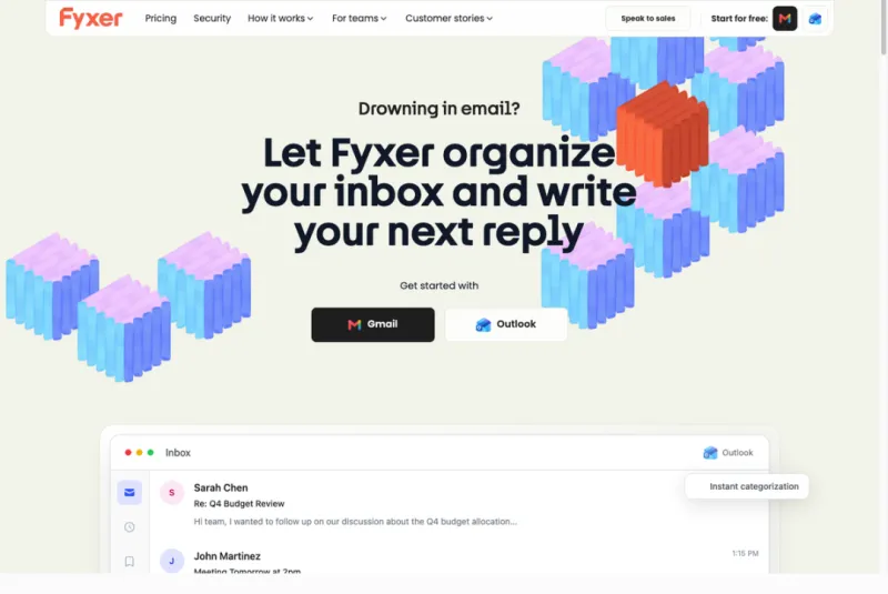 Fyxer 官网首页：点击 Gmail 或 Outlook 即可开始试用