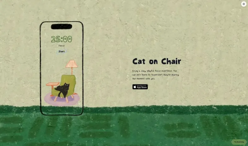 Cat on Chair 产品界面：专注时小猫坐在椅子上陪你